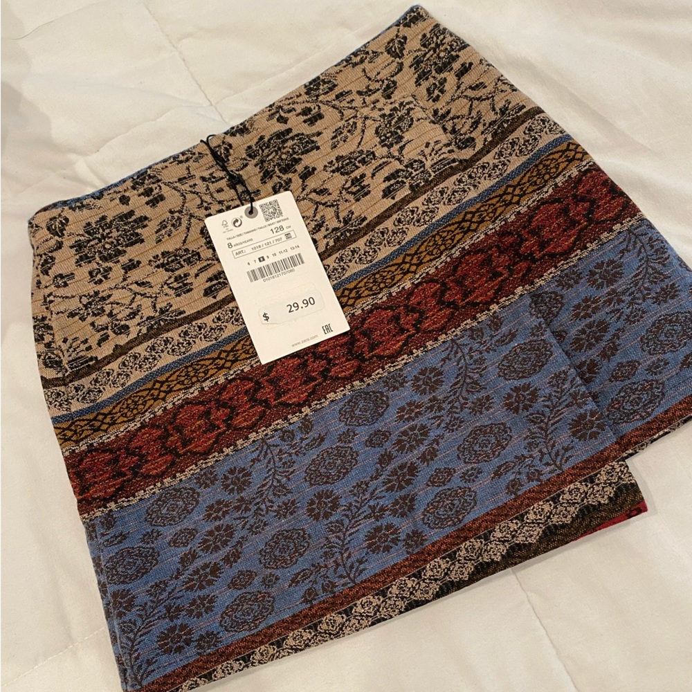 NWT Zara Taupe Brown Jacquard Girl Wrap Style Skirt Size:8